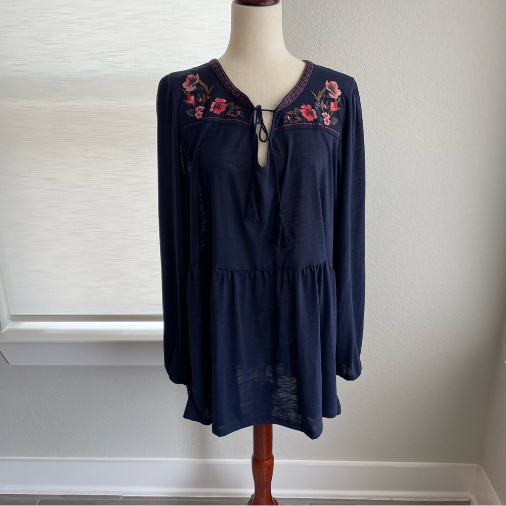 Torrid Embroidered Babydoll Blouse Boho Navy Size 3